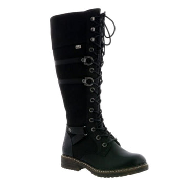 Tall black combat style boot with laces all the way up and accent straps along sides