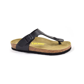 Black thong style sandal with adjustable buckle strap 