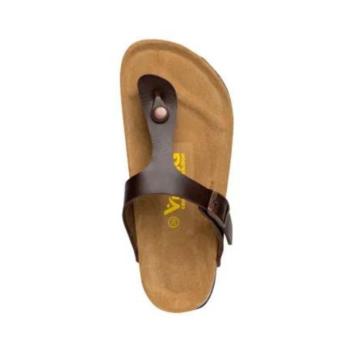 Top view of brown thong style sandal with adjustable buckle strap. Yellow Viking logo in center of brown footbed.