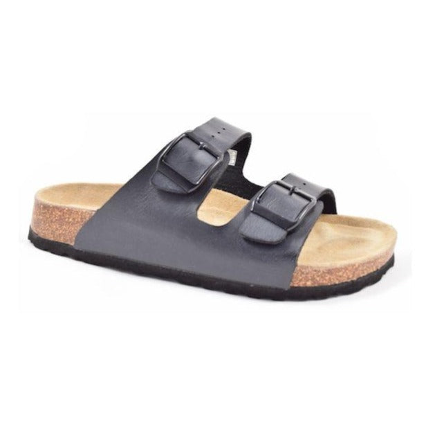 Black supportive sandal with two black buckles and a black outsole.
