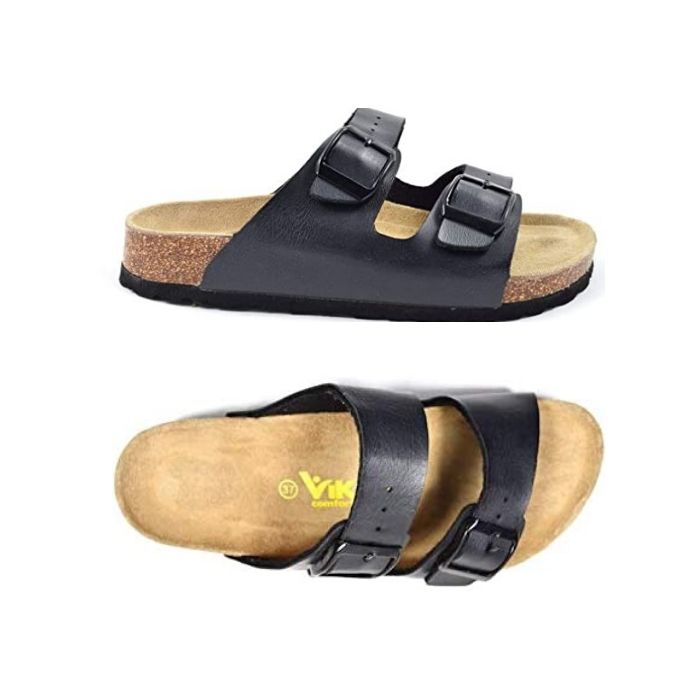 Top and side view of black supportive sandal with two black buckles and a black outsole.
