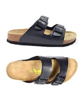 Top and side view of black supportive sandal with two black buckles and a black outsole.