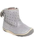 Metallic silver ankle boot with star embossments and bow on back