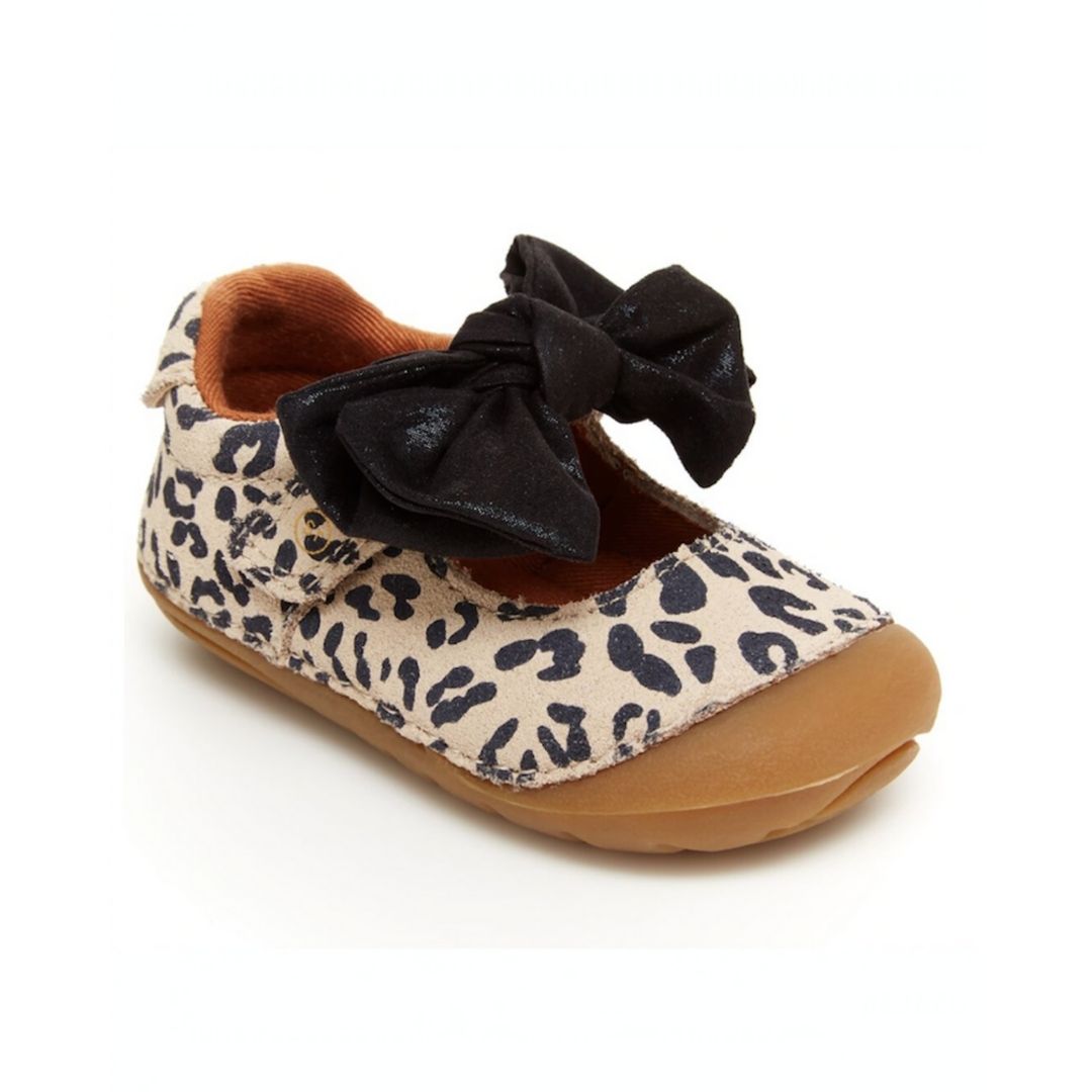 Leopard printed mary-jane shoe with black bow and brown outsole