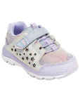 Purple and silver vecro strap sneaker with star cutouts on side