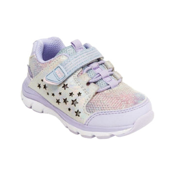 Purple and silver vecro strap sneaker with star cutouts on side
