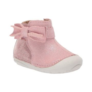 Sparkly pink leather ankle bootie with side bow and white outsole