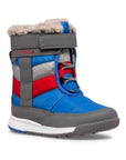 Blue winter ankle boot with red and grey stripes, faux fur and velcro strap.