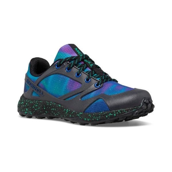 Blue and purple lace up sneaker with Merrell logo on side