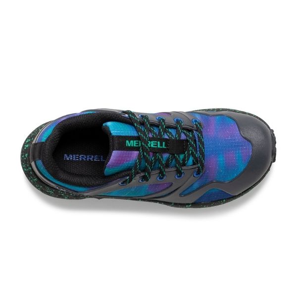 Blue and purple lace up sneaker with Merrell logo on tongue and insole