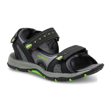 Black and grey sandal with green accents and three adjustable straps