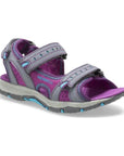 Grey and purple sandal with three adjustale straps. Merrell logo stitched on side.