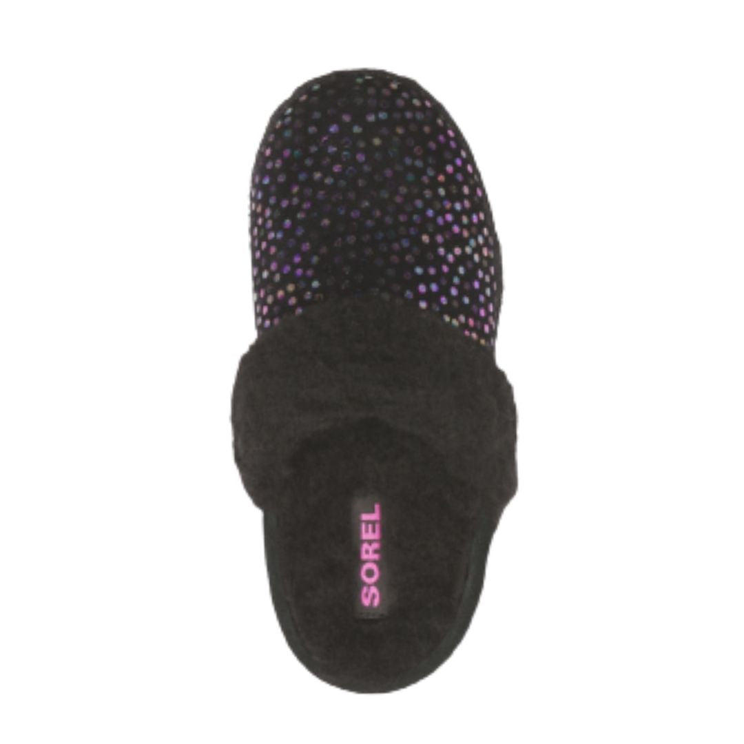 Black slide slipper with purple metallic dots and black faux fur trim