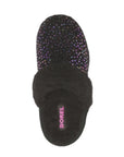 Black slide slipper with purple metallic dots and black faux fur trim