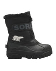 Black winter boot with velcro strap, black rubber foot and faux fur trim
