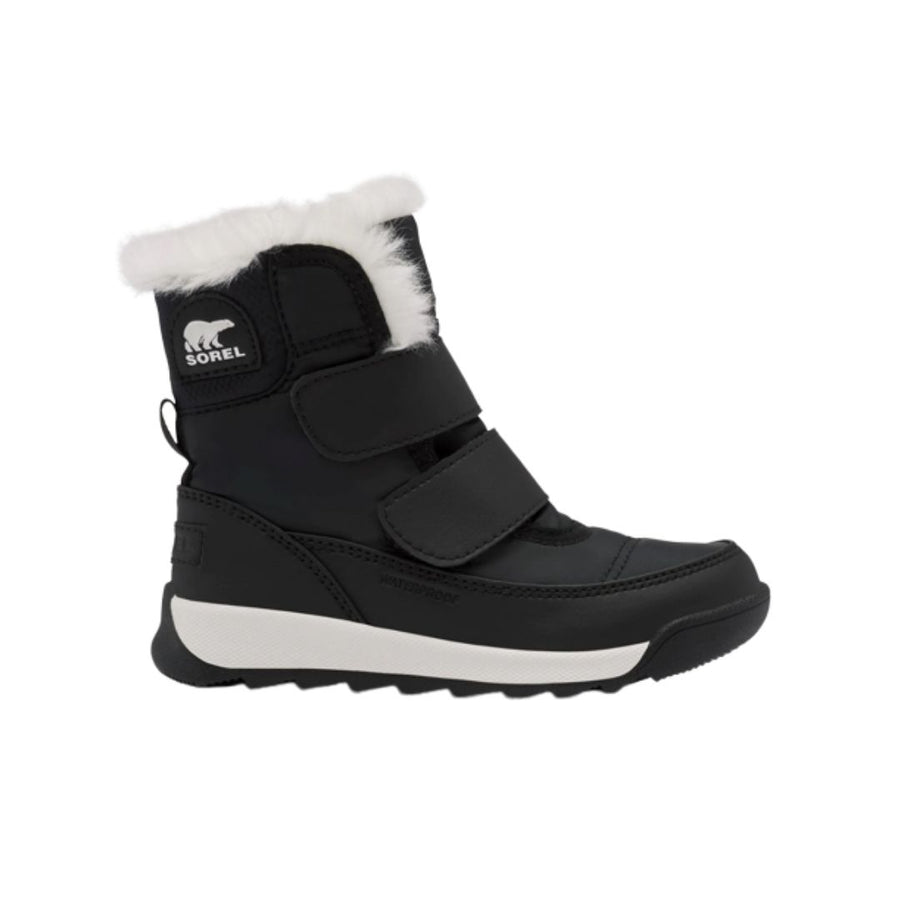 Black winter Sorel boot with two adjustable Velcro straps.