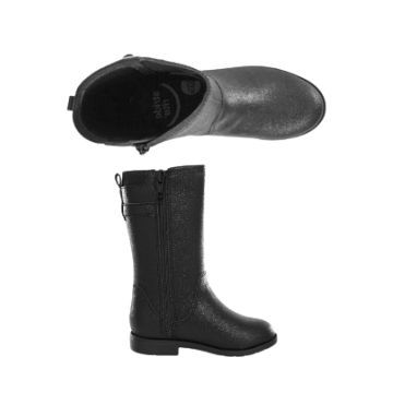Tall black boot with inside zipper.