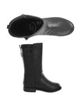 Tall black boot with inside zipper.