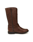 Brown tall boot with inside zipper and ankle and dark outsole