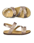 Top and side view Heel strap and 3 over foot straps on sandal with perforations and 3D flower cutouts (youth), showing Tan footbed