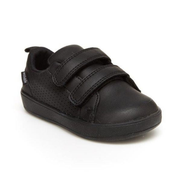 Black leather sneaker with two adjustable Velcro strap closures.