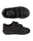 Top and side view of black leather sneaker with two adjustable Velcro strap closures. Stride Rite logo is on heel.