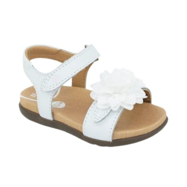 Top and side view of white backstrap sandal with oversized flower detail on front strap. Stride Rite logo on heel.