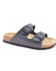 Black supportive sandal with two black buckles and black outsole.