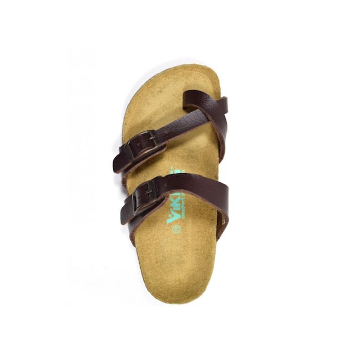 Top view of brown supportive sandal with toe loop, two adjustable buckle closures and a black outsole. Green Viking sandal logo on footbed.