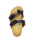 Top view of black supportive sandal with toe loop, two adjustable buckle closures and a black outsole. Green Viking sandal logo on footbed.