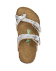 Top view of silver polka supportive sandal with toe loop, two adjustable buckle closures and a black outsole. Green Viking sandal logo on footbed.