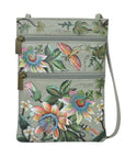 Green leather crossbody handbag with two horizontal zippers. Has a floral hand painted design with florals and insects.