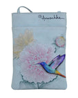 Blue leather crossbody handbag with two horizontal zippers. Has a floral hand painted design with a hummingbird.