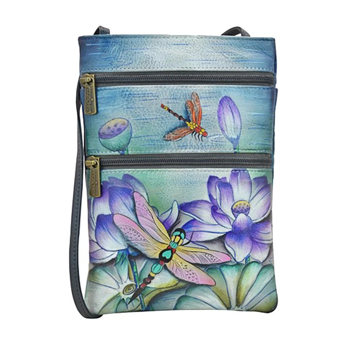 Blue leather crossbody handbag with two horizontal zippers. Has a floral hand painted design with a dragonfly.