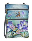 Blue leather crossbody handbag with two horizontal zippers. Has a floral hand painted design with a dragonfly.