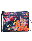 Navy leather bag with vibrant floral hand painted pattern.
