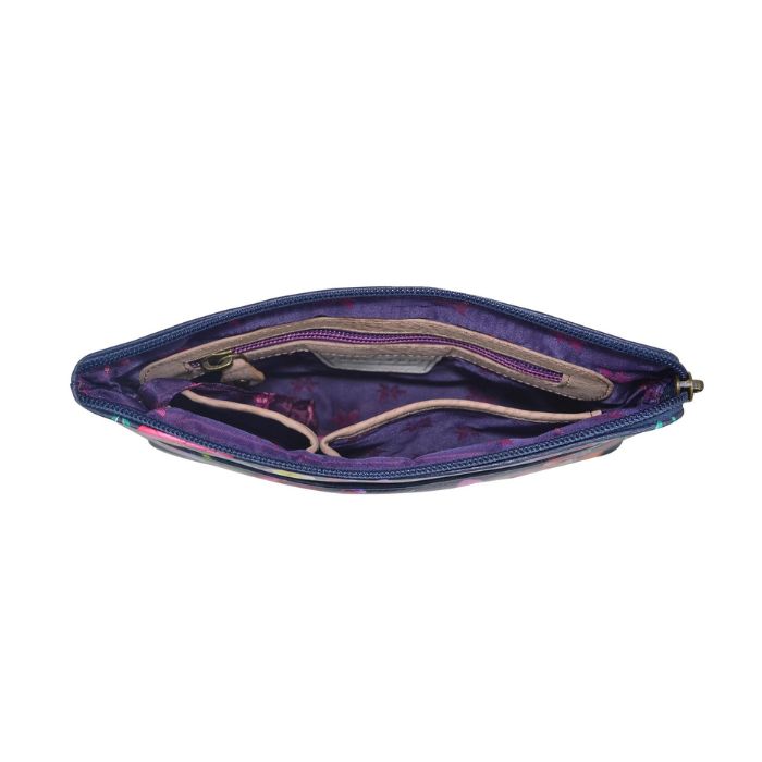Inside view of handbag showing purple lining, zippered pocket, and two slip pockets.