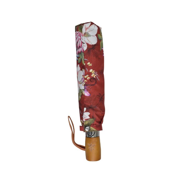 Red floral printed umbrella with wooden handle in a compact travel case.