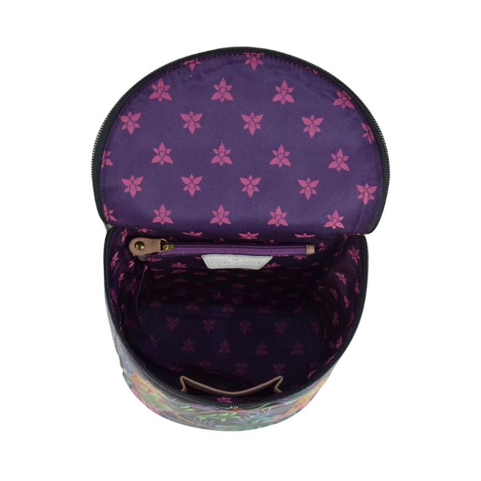 Open Anuska bucket backpack showing purple lining, inside zippered pocket and slip pocket.