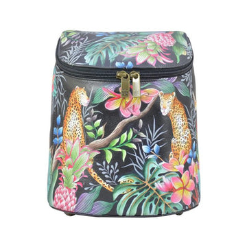 Black leather backpack with floral and leopard hand painted design. Has two bronze tabbed zippers.