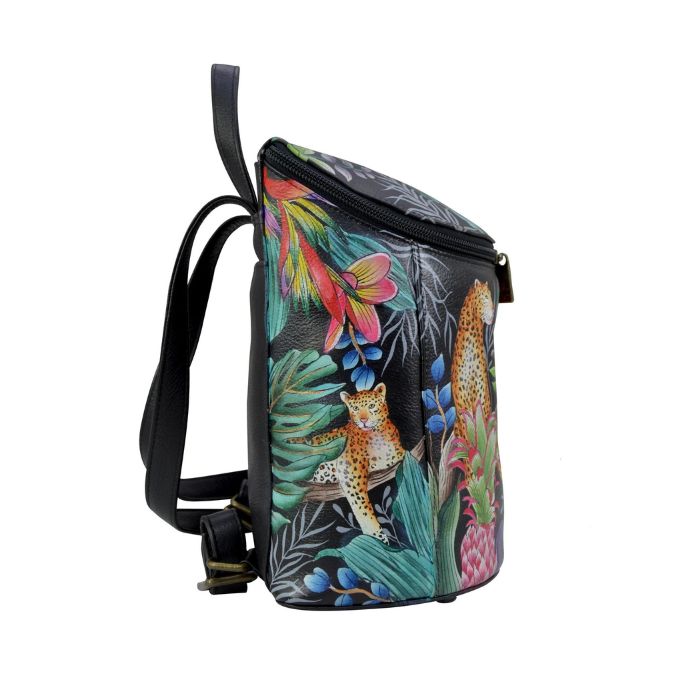 Black leather backpack with floral and leopard hand painted design. Has adjustable straps and top zippered opening.