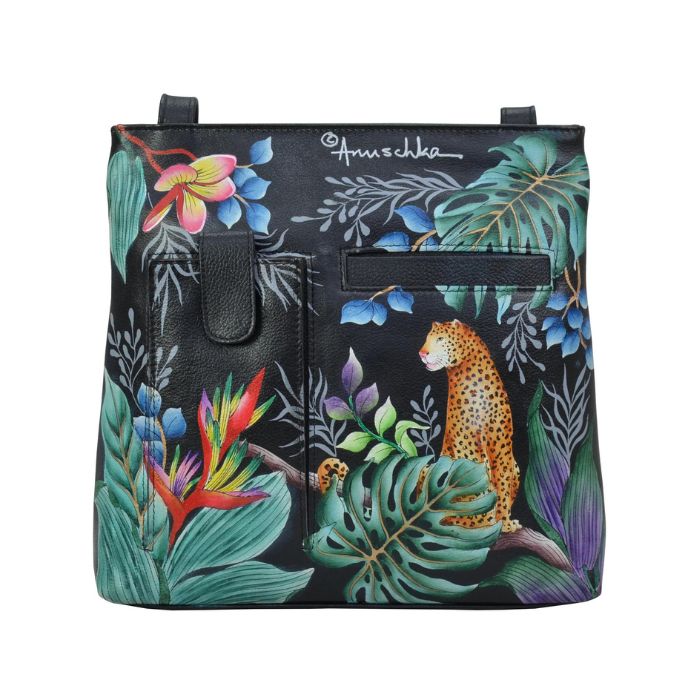 Black leather crossbody bag with phone pocket and slip pocket. It has a hand painted jungle scene with a leopard. 