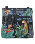 Black leather crossbody bag with phone pocket and slip pocket. It has a hand painted jungle scene with a leopard. 
