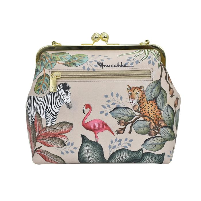 Beige satchel with hand painted safari animal design. This bag features a gold clasp closure, horizontal zippered pocket and crossbody strap.