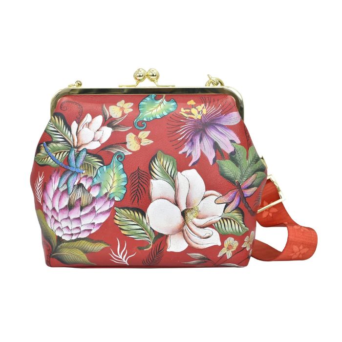 Red satchel with hand painted floral and dragonfly design. This bag features a gold clasp closure and crossbody strap.