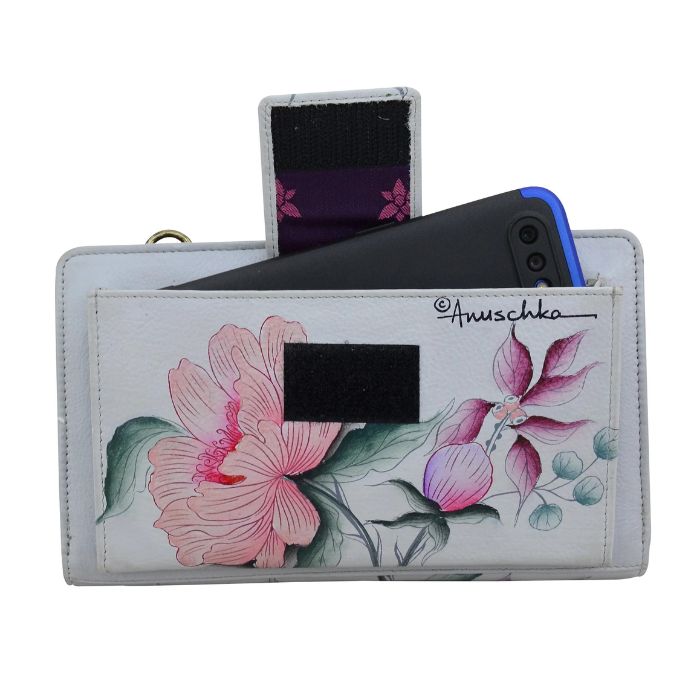 Rear exterior of grey leather wallet featuring a slip pocket with a velcro strap closure, capable of fitting a smart phone. Hand painted floral design.