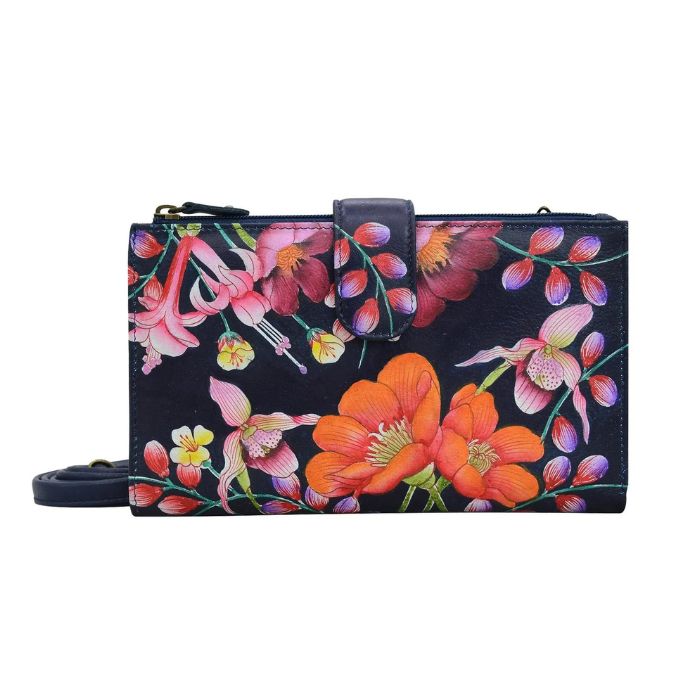 Navy leather bag with hand painted floral print.