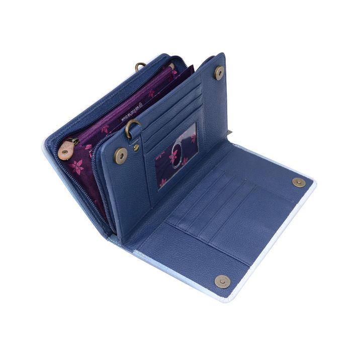 Interior of blue leather crossbody wallet with purple lining and bronze hardware. Features card slots, ID window, and a zippered compartment. 