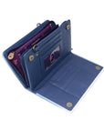 Interior of blue leather crossbody wallet with purple lining and bronze hardware. Features card slots, ID window, and a zippered compartment. 