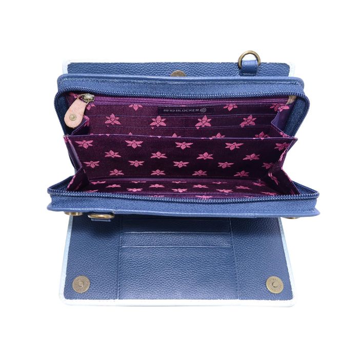 Interior of blue leather wallet with purple lining. Features zippered closure, accordion style compartments, RFID protected card slots, and a zippered compartment. 